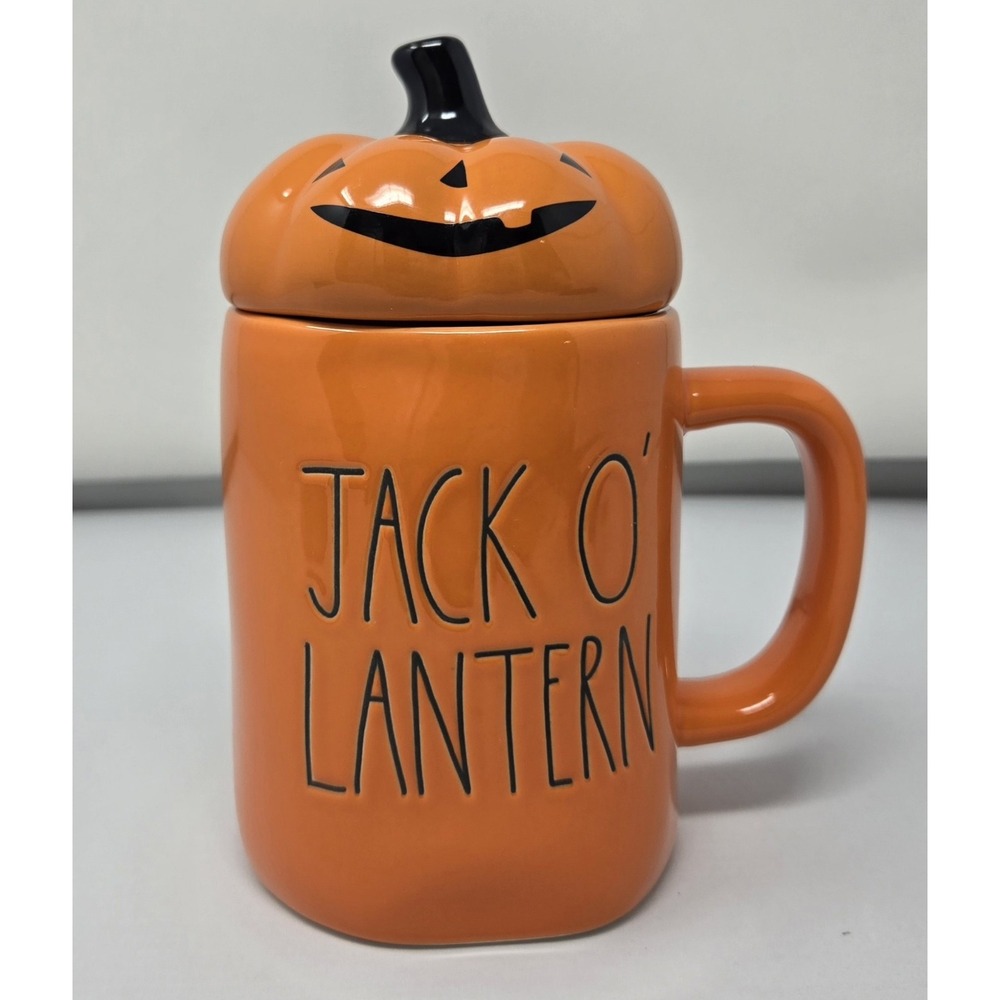 RAE DUNN Halloween "Jack O' Lantern" Orange Mug W/ Pumpkin Topper Cup